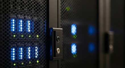 Advanced server racks with vibrant blue indicator lights glowing intensely, signifying powerful data processing and robust network infrastructure