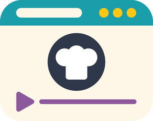Website page is showing a cooking video with play button and chef hat icon, online culinary course concept