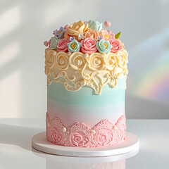 elegant pastel cake with gradient icing lace decorations and sugar roses for celebration