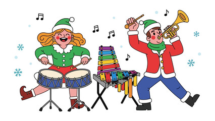 Musical Christmas Cheer: A whimsical illustration of joyful musicians, playing festive instruments like drums, xylophone and a trumpet, all adorned in playful holiday attire.