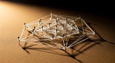 Fototapeta premium Intricate web of white thread connecting numerous silver pins, symbolizing complex connections, networks, and data flow in a striking abstract composition with dramatic lighting.