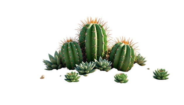 Rendered group of cacti and succulents against a black background