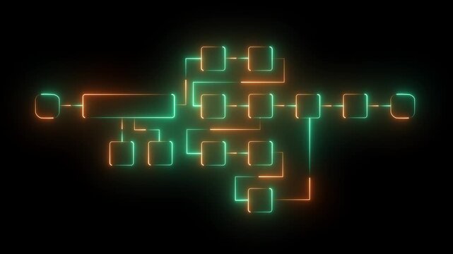 Futuristic neon flowchart diagram with glowing connected blocks and dynamic digital pathways representing system workflow, data processing, and modern technology architecture.