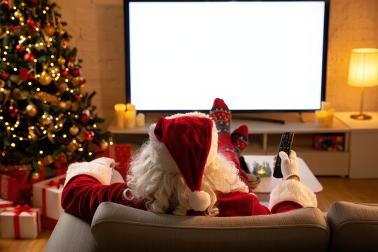 Santa Claus relaxing on a cozy couch watching television with blank screen for Christmas design in festive living room.