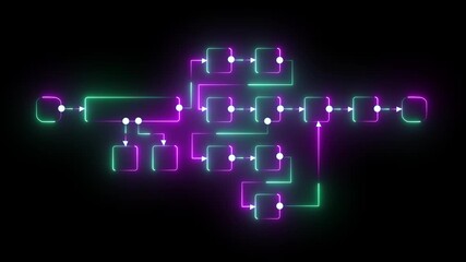 Futuristic neon flowchart diagram with glowing connected blocks and dynamic digital pathways representing system workflow, data processing, and modern technology architecture. - Powered by Adobe