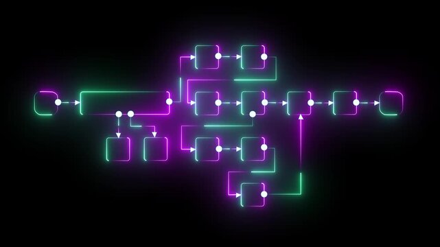 Futuristic neon flowchart diagram with glowing connected blocks and dynamic digital pathways representing system workflow, data processing, and modern technology architecture.
