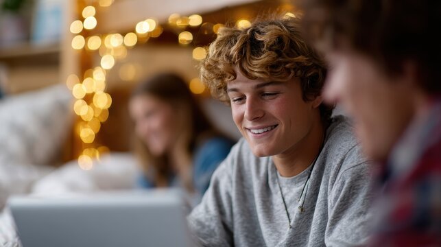 student life documentary, college students gather in a cozy dorm, comparing discounted textbooks and energy drinks an authentic documentary-style captures their excitement, great for education and