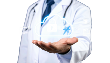 Doctor extends palm, showcasing a glowing cloud icon with lock & crossed-out plane