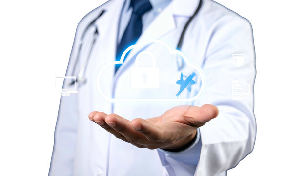 Doctor extends palm, showcasing a glowing cloud icon with lock & crossed-out plane