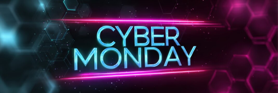 cyberpunk web design, vibrant cyber monday web header with neon aesthetics, cyberpunk background, animated shopping icon, and professional design for electronics retailers - Powered by Adobe