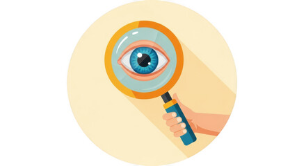 Hand holding magnifying glass examining a large eye icon in flat design style isolated on transparent background