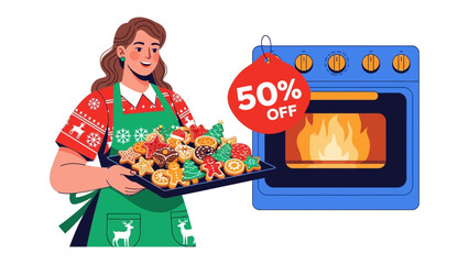 Holiday Baking Delight: A festive scene where a woman, adorned in holiday attire, proudly presents a tray of freshly baked cookies.