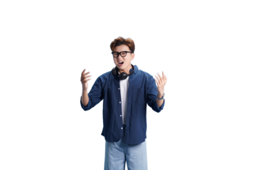 Expressive Revelation: A stylish individual stands out, using animated gestures to communicate an important thought. This image embodies an intellectual moment, full of ideas and thought.