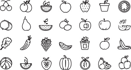 Fruits and Vegetables Line Art Icons Set — Minimal Black Outline Vector Collection