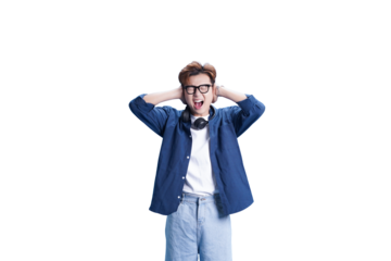 Overwhelmed by Noise: A person is overwhelmed by loud noise, covering their ears, exuding a sense of being bothered. 