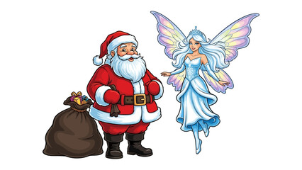 Santa Clause and Fairy Together: Santa Clause stands next to Fairy a magical winter fairy with gift bag of joy and wonder, ready to bring festive cheer and enchantment.