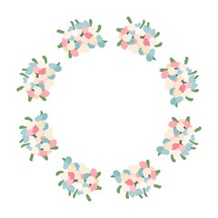 Vector round frame made of pastel flower bouquets with space for text, white background, perfect for wedding cards, invitations, packaging, branding, posters, scrapbooking and elegant design projects