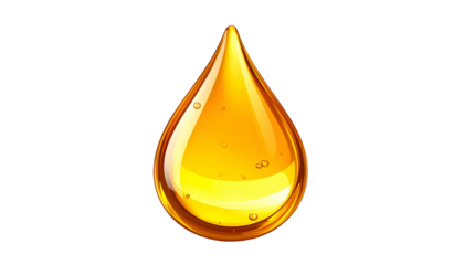 A single, glossy, golden drop of liquid with internal highlights, set against a black backdrop