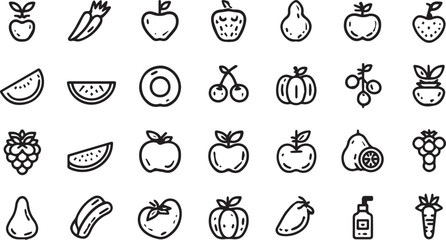 Fruits and Vegetables Line Art Icons Set — Minimal Black Outline Vector Collection