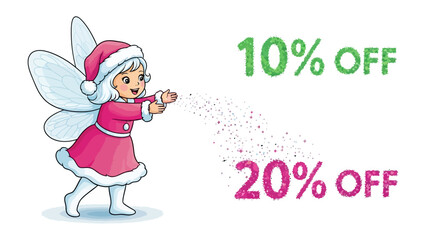 Festive Offer with a Pixie: A whimsical pixie, adorned in a holiday-themed outfit, sprinkles glittering fairy dust to unveil tempting discount offers for a seasonal promotion.