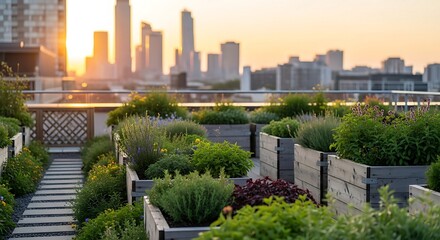 Fototapeta premium Serene rooftop garden oasis blooms with vibrant greenery against a stunning city skyline at golden hour sunset