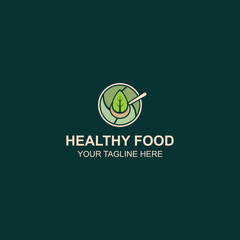 Minimalist Organic Food Logo Spoon Leaf Symbol Circular Frame Green Beige with Creative Illustration