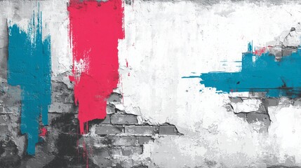 Abstract Wall Art With Blue And Red Paint Strokes On Cracked White Surface Representing Urban Decay And Contemporary Street Expression
