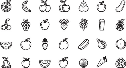 Fruits and Vegetables Line Art Icons Set — Minimal Black Outline Vector Collection