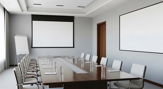 Professional modern boardroom ready for impactful business meetings and presentations with sleek design and ample space for collaboration