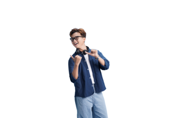 Cool Tunes and Good Vibes: A young individual, donned in stylish attire and glasses, showcases a relaxed and cheerful disposition, suggesting a focus on music and a carefree lifestyle.
