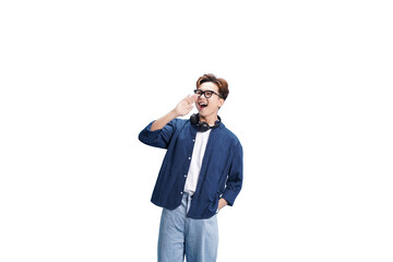 Man Shouting with Enthusiasm: A young man, filled with vibrant energy and wearing spectacles and...