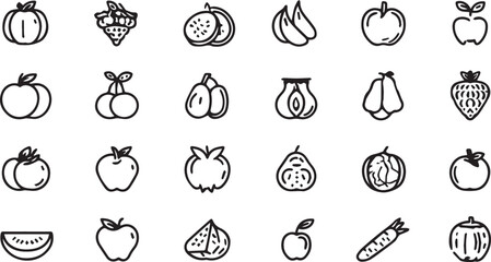 Fruits and Vegetables Line Art Icons Set — Minimal Black Outline Vector Collection