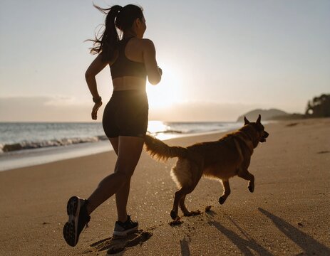 Mujer corriendo con perro en playa al amanecer, ropa deportiva casual