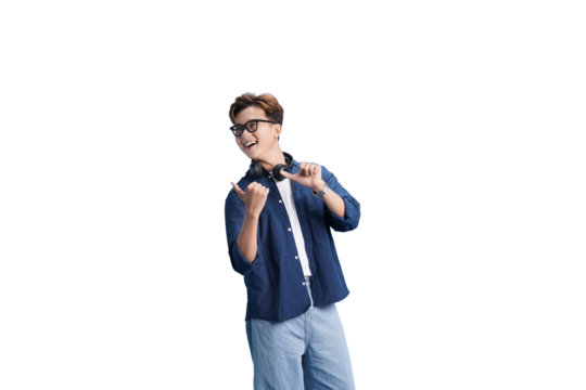 Cool Tunes and Good Vibes: A young individual, donned in stylish attire and glasses, showcases a relaxed and cheerful disposition, suggesting a focus on music and a carefree lifestyle.