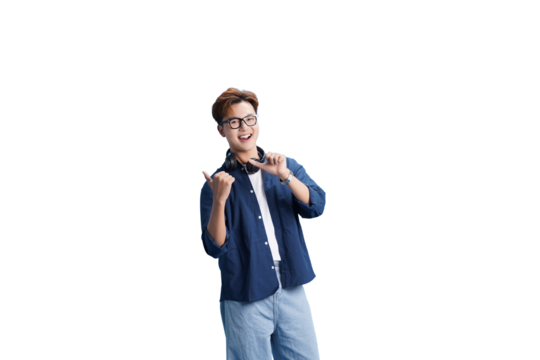 Enthusiastic Young Man with Headphones: A vibrant young man with glasses and headphones beams with joy, gesturing with thumbs up, expressing his love for music and modern technology. 