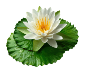 Blooming lotus flower on water lily pad nature scene serenity isolated on transparent background