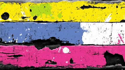 Colorful Grunge Wall With Peeling Yellow Blue White And Pink Stripes Showing Rough Texture And Weathered Painted Surface
