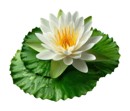Blooming lotus flower on water lily pad nature scene serenity isolated on transparent background