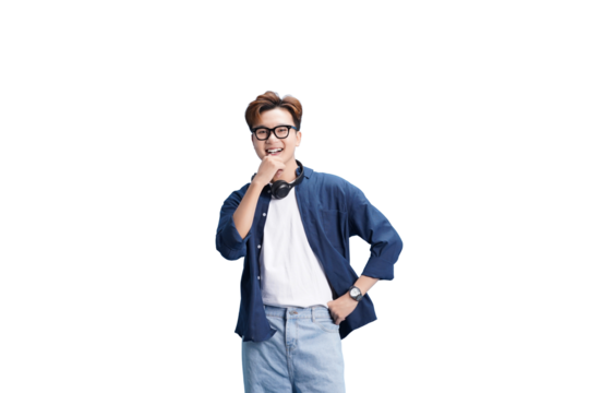 Young Man Thinking: A stylish young man with glasses and headphones contemplates thoughtfully, embodying intellect and approachability in a moment of contemplation.