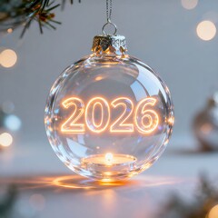 Transparent Christmas bauble with glowing 2026 text inside, symbolizing new year celebration, festive lights, and modern holiday design.