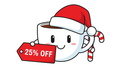 Christmas Coffee Sale: A festive, cartoon coffee cup character, complete with Santa hat and candy cane, joyfully advertises a 25% off promotion, embodying holiday cheer.