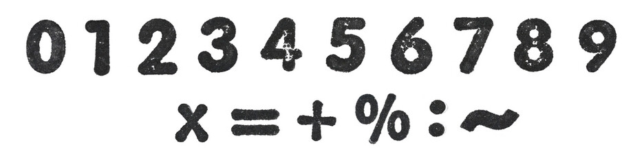 Imperfect stamped numbers and symbols in vintage style, black ink on white paper, textured digits and marks with a rough handmade look.