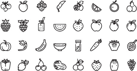 Fruits and Vegetables Line Art Icons Set — Minimal Black Outline Vector Collection