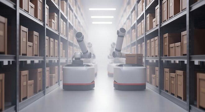 Advanced robotic arms efficiently manage inventory in a modern, automated warehouse setting, streamlining logistics for ultimate efficiency. - Powered by Adobe