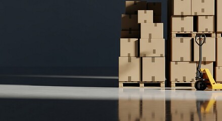 Professional warehouse scene with stacked cardboard boxes on pallets and a yellow pallet jack, ready for logistics and distribution operations.