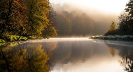 Fototapeta premium Misty Autumn Morning on a Calm River with Forest Reflections.
