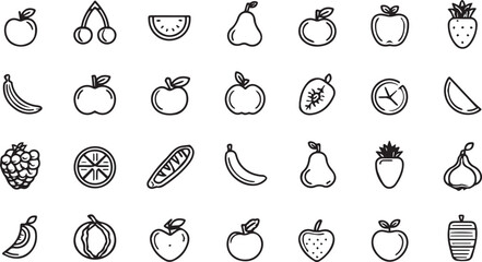 Fruits and Vegetables Line Art Icons Set — Minimal Black Outline Vector Collection