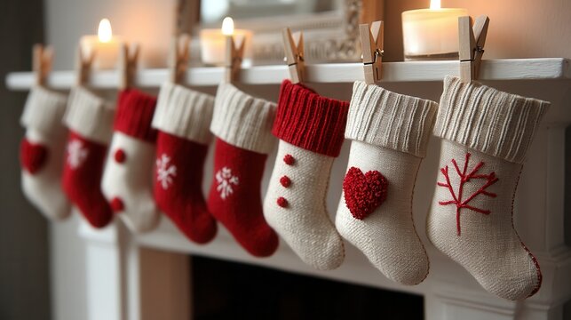 cottagecore christmas concept. Festive stockings hanging on a mantel with candles glowing.