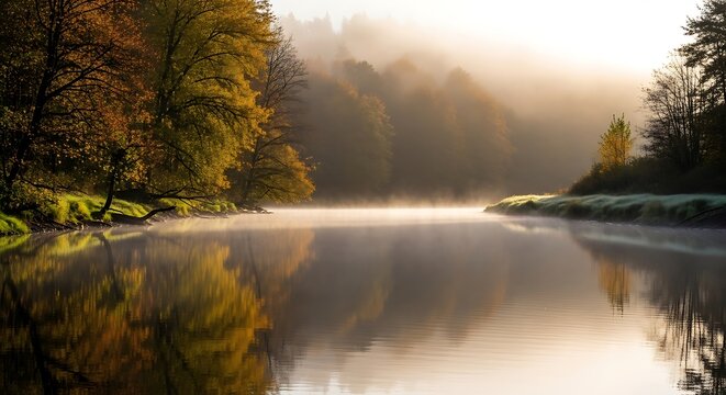 Misty Autumn Morning on a Calm River with Forest Reflections.