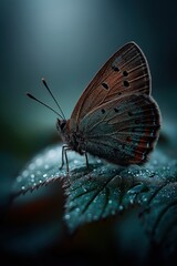 Fototapeta premium Butterfly resting on green leaf with dew drops